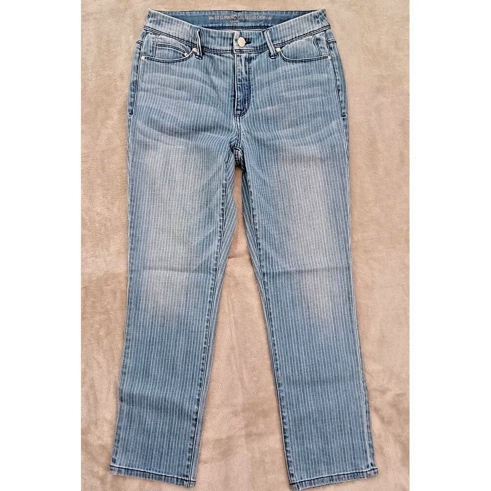 Chicos Sz 00 / 2 Jeans Striped Slimming Girlfriend Crop Pinstripe Coastal Preppy